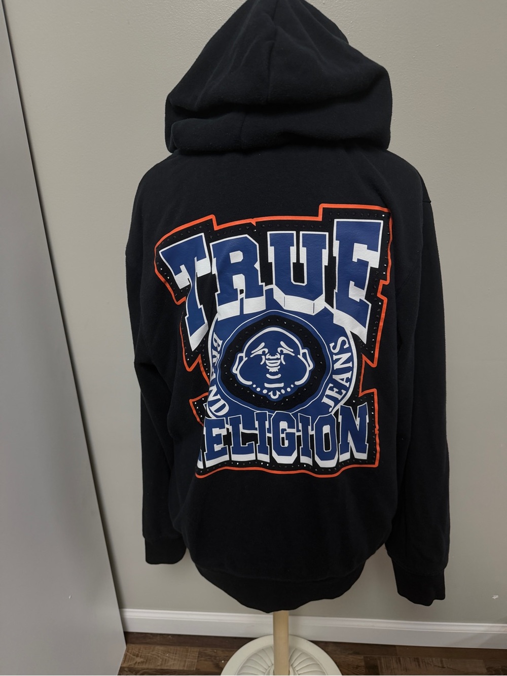 True Religion Mens Black Hoodie with Blue Logo
